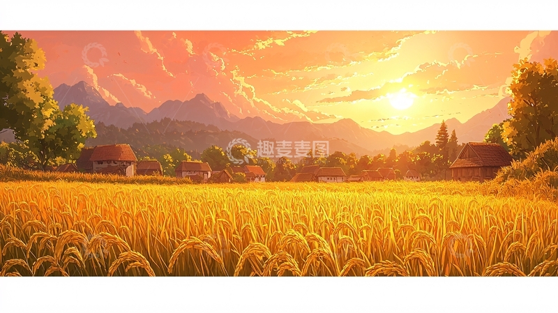高清大图下载【趣麦麦图】夕阳下金黄麦田乡村景色