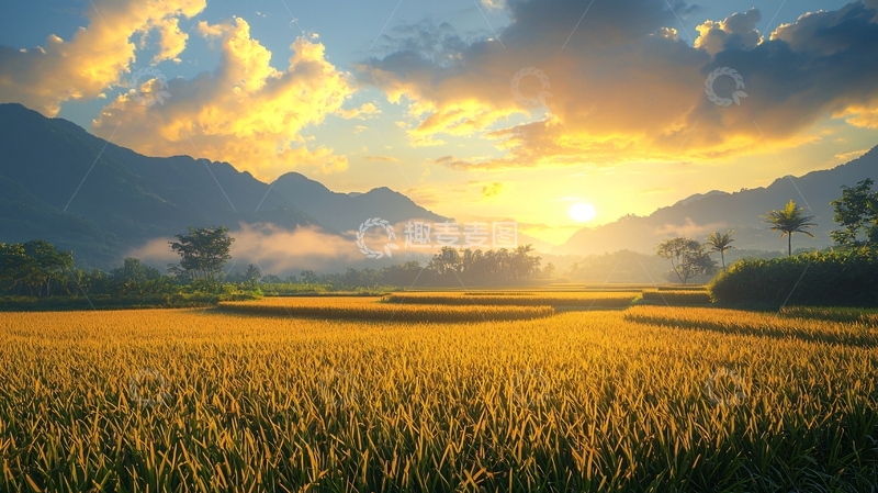 高清大图下载【趣麦麦图】金色稻田日落山景