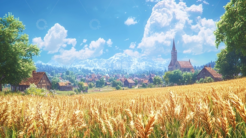 高清大图下载【趣麦麦图】阳光明媚的麦田小镇