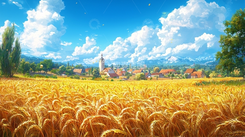 高清大图下载【趣麦麦图】阳光明媚的麦田小镇风光