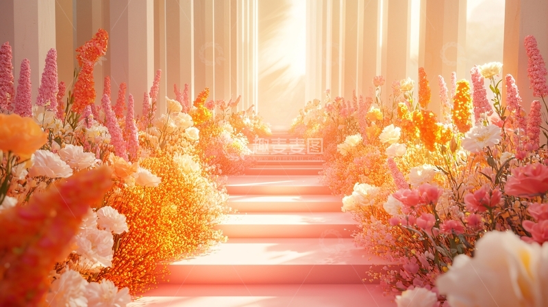 高清大图下载【趣麦麦图】粉色阶梯鲜花通道