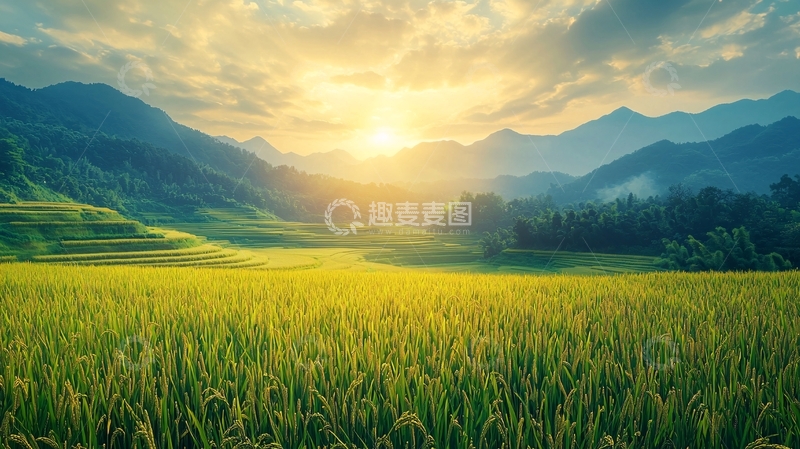 高清大图下载【趣麦麦图】日出山峰稻田美景
