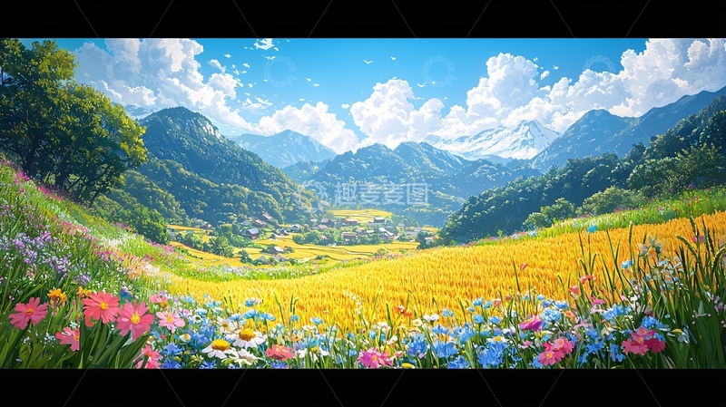 高清大图下载【趣麦麦图】阳光明媚的山谷田园风光