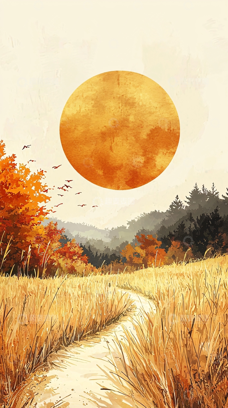 高清大图下载【趣麦麦图】秋日田野小路与巨大圆月