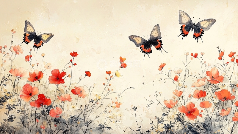 高清大图下载【趣麦麦图】水彩蝴蝶花卉背景