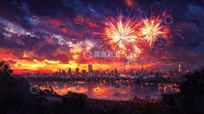 高清大图下载【趣麦麦图】绚丽烟火城市夜景