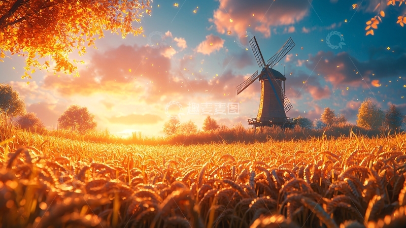 高清大图下载【趣麦麦图】秋日麦田风车日落美景