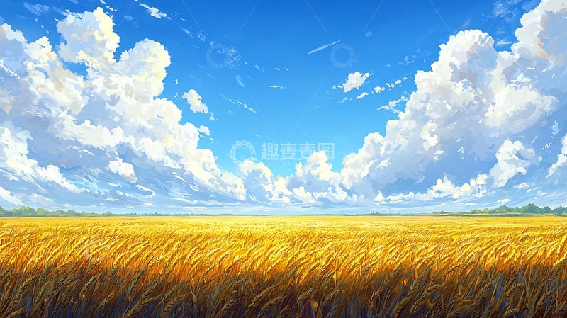 高清大图下载【趣麦麦图】蓝天白云下的金黄麦田