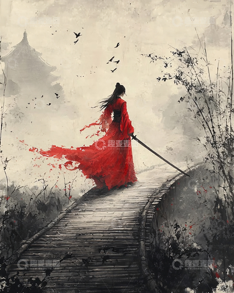 高清大图下载【趣麦麦图】-红衣女子持剑远眺