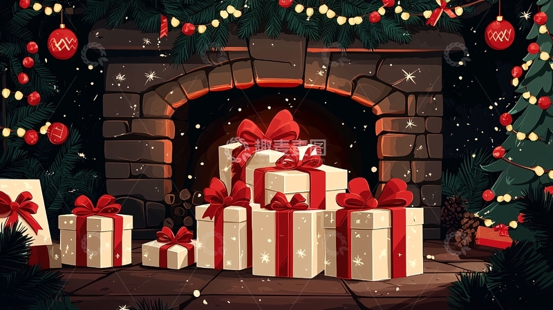 高清大图下载【趣麦麦图】圣诞节壁炉堆满礼物