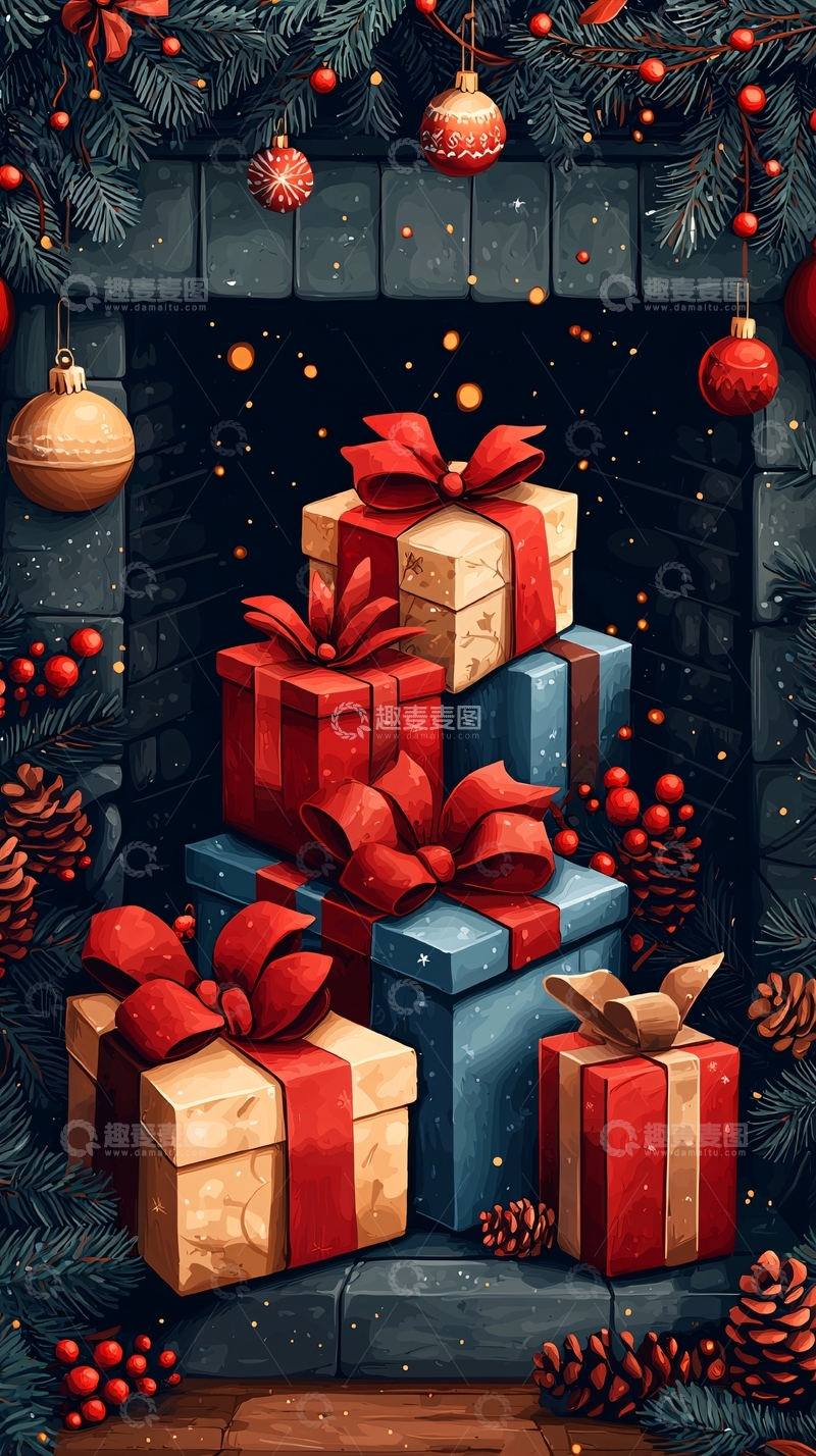 高清大图下载【趣麦麦图】圣诞节礼物堆在壁炉旁