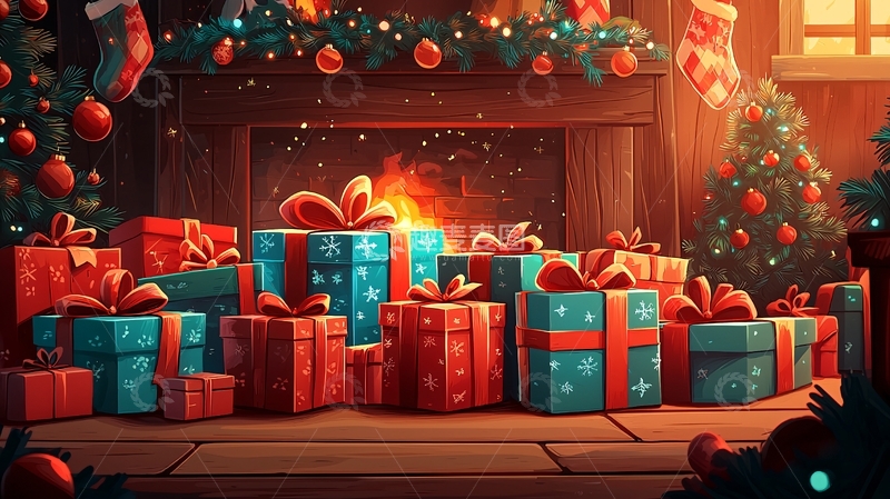 高清大图下载【趣麦麦图】圣诞节壁炉堆满礼物