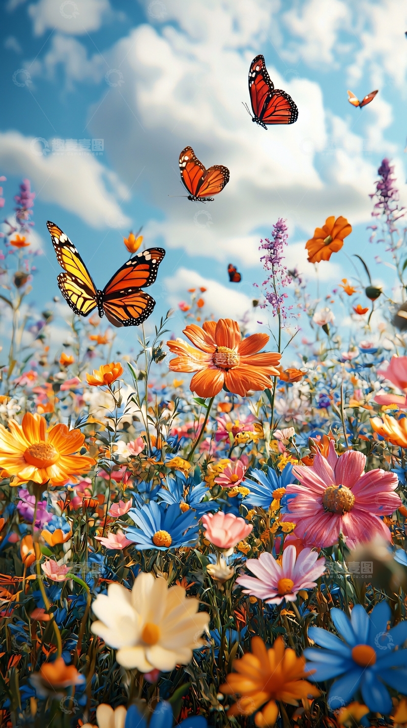 高清大图下载【趣麦麦图】阳光下飞舞的蝴蝶和野花