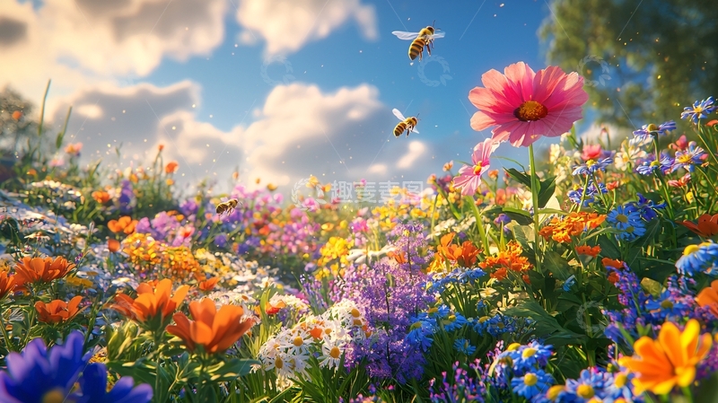 高清大图下载【趣麦麦图】阳光下五彩缤纷的花田