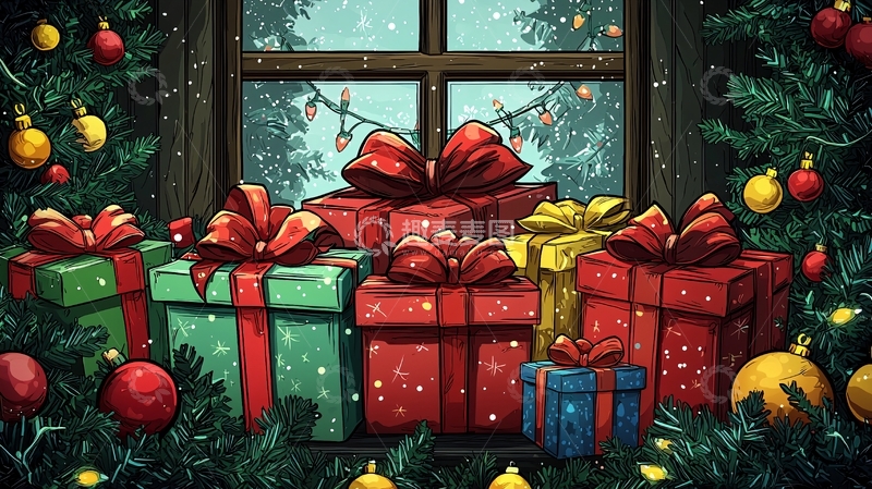 高清大图下载【趣麦麦图】圣诞礼物堆在窗边