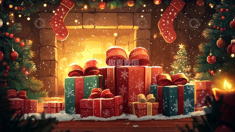 高清大图下载【趣麦麦图】圣诞节壁炉礼物堆