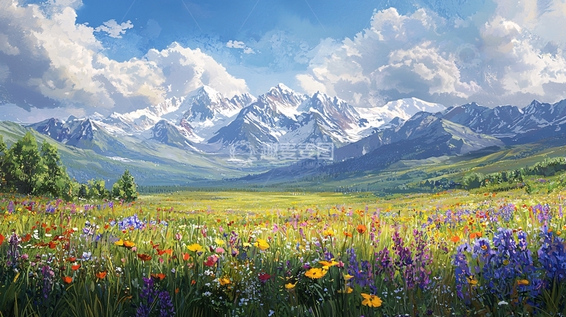 高清大图下载【趣麦麦图】阳光明媚下的雪山花田