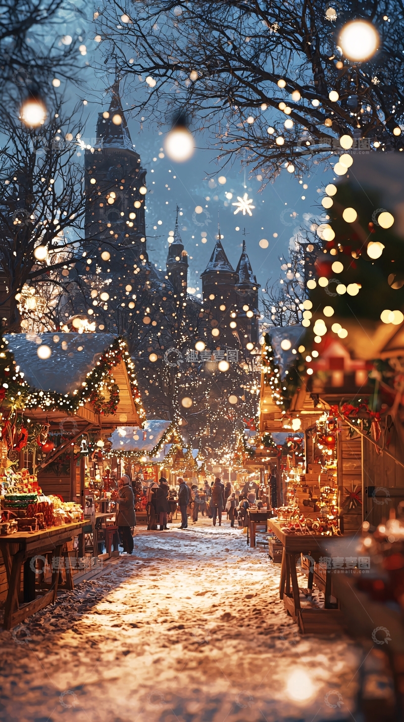 高清大图下载【趣麦麦图】下雪的圣诞集市夜景