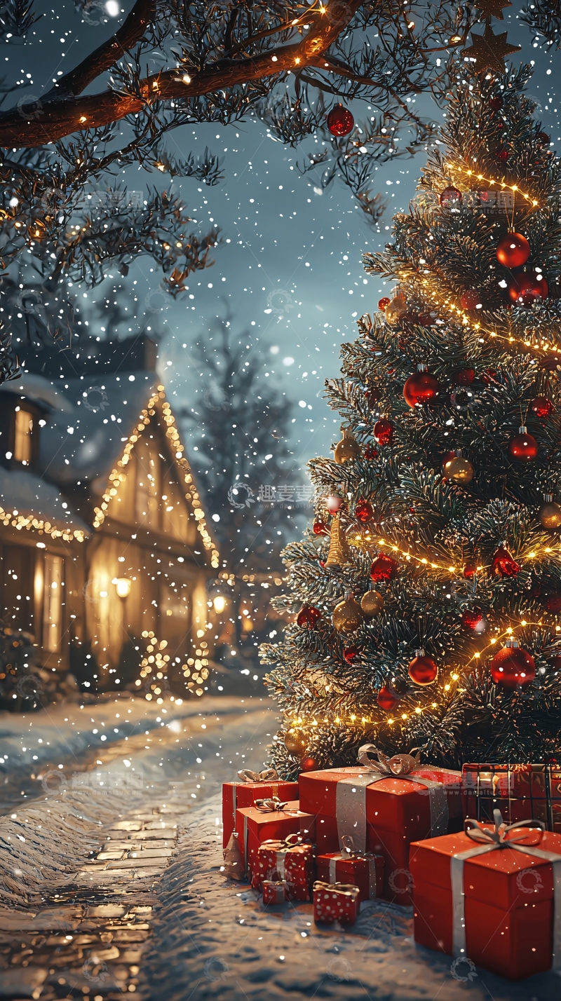高清大图下载【趣麦麦图】圣诞夜雪景下的温馨小屋