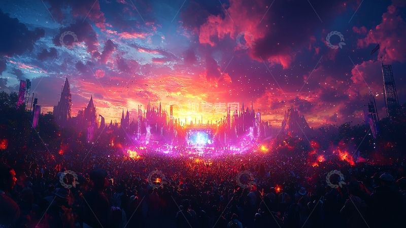 高清大图下载【趣麦麦图】梦幻晚霞下的大型音乐节