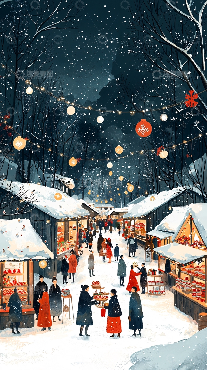 高清大图下载【趣麦麦图】冬夜圣诞集市雪景图