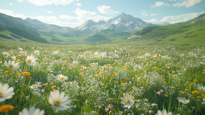 高清大图下载【趣麦麦图】山间野花盛开的草原