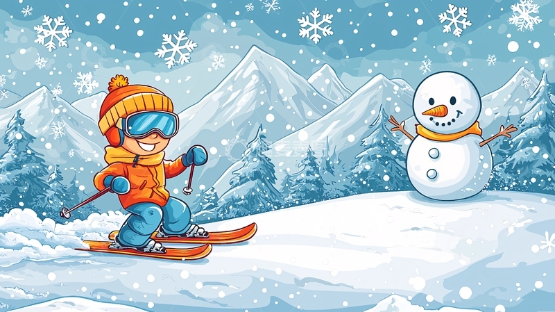 高清大图下载【趣麦麦图】雪地滑雪卡通儿童
