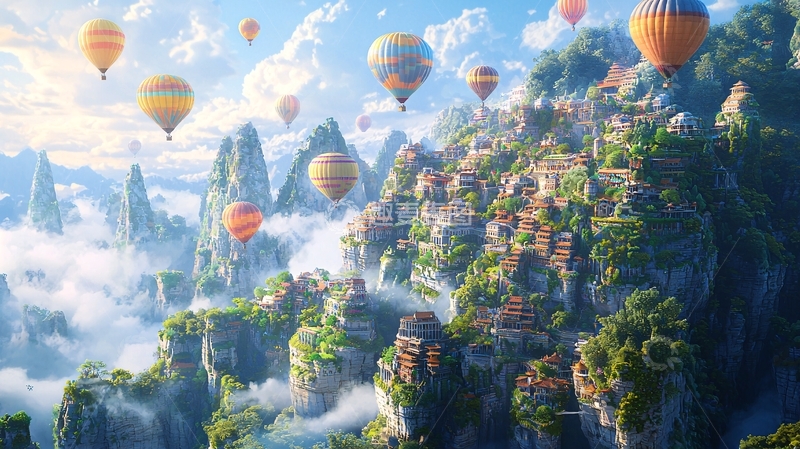 高清大图下载【趣麦麦图】热气球山顶小镇
