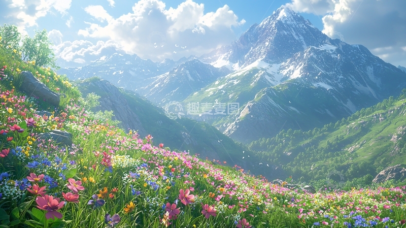 高清大图下载【趣麦麦图】阳光下的阿尔卑斯山花海