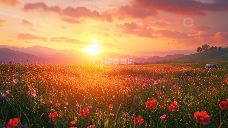 高清大图下载【趣麦麦图】日落花海田园风光