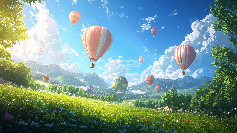 高清大图下载【趣麦麦图】热气球飞过田园风光