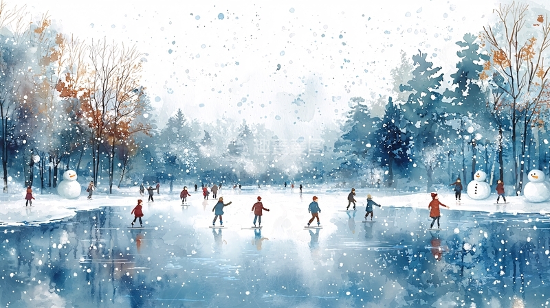 高清大图下载【趣麦麦图】冬季冰湖滑冰场景