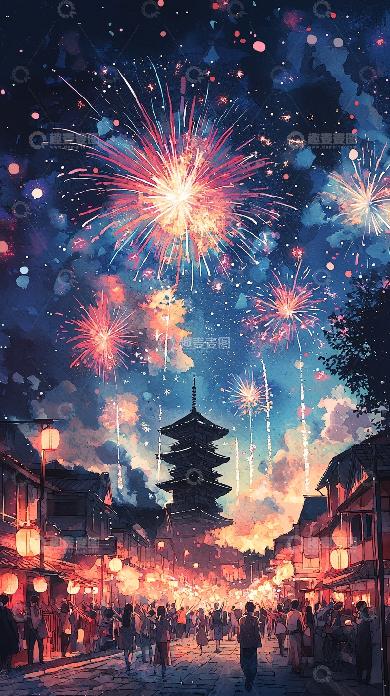 高清大图下载【趣麦麦图】绚丽烟火下的日式古城