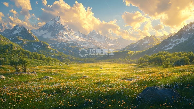 高清大图下载【趣麦麦图】阳光下的雪山草原
