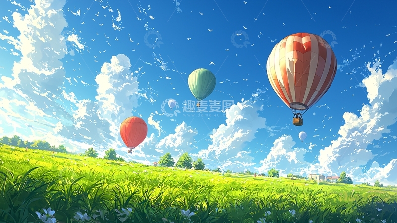 高清大图下载【趣麦麦图】热气球飞过绿色田野