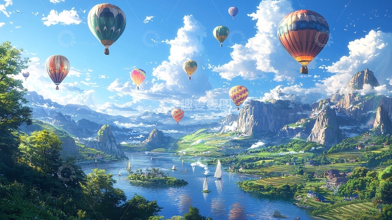 高清大图下载【趣麦麦图】热气球风景画