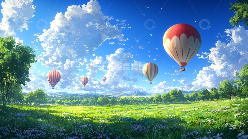 高清大图下载【趣麦麦图】热气球飞跃绿地蓝天白云