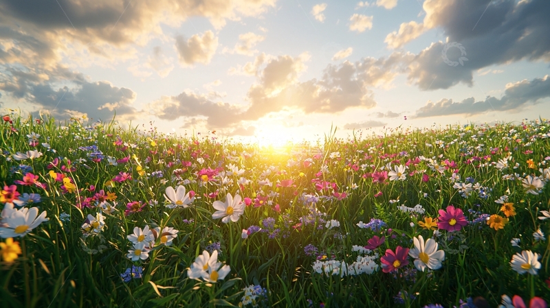 高清大图下载【趣麦麦图】夕阳下五彩缤纷的花海
