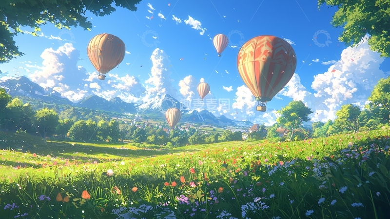 高清大图下载【趣麦麦图】热气球飞跃田园风光