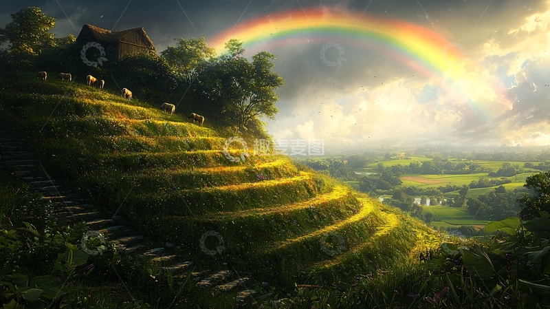 高清大图下载【趣麦麦图】彩虹山坡田园小屋