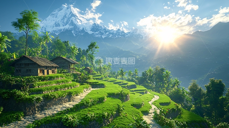 高清大图下载【趣麦麦图】雪山下的村庄