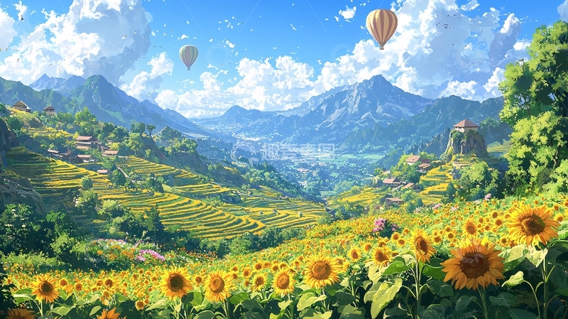 高清大图下载【趣麦麦图】阳光明媚的山谷田园风光