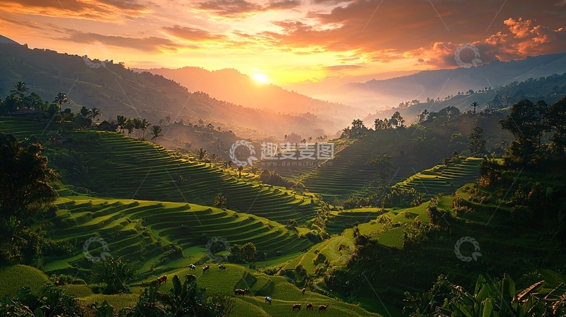 高清大图下载【趣麦麦图】日出山峦梯田美景