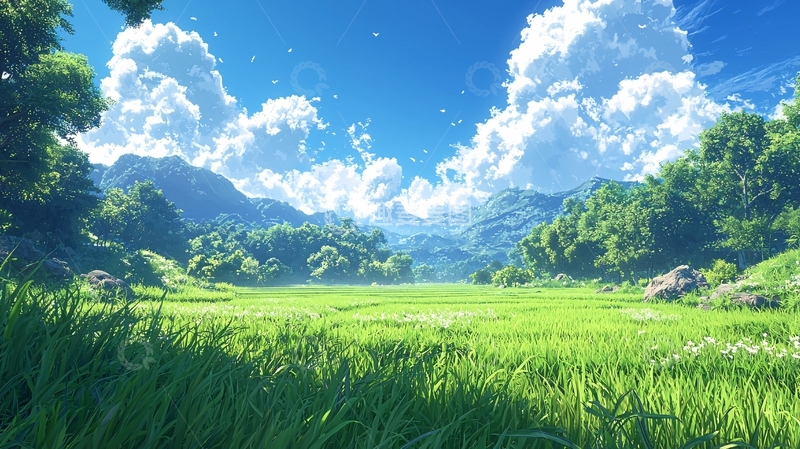 高清大图下载【趣麦麦图】阳光明媚的山谷田园风光