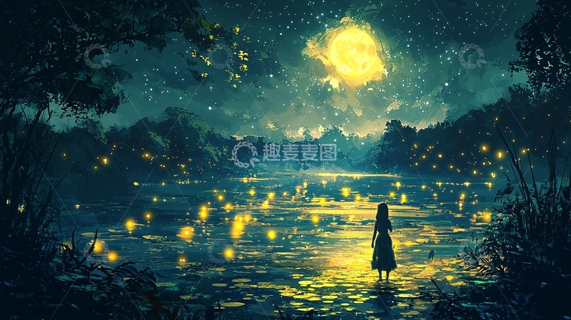 高清大图下载【趣麦麦图】梦幻女孩萤火湖