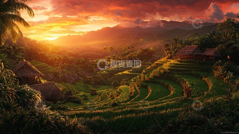 高清大图下载【趣麦麦图】日落余晖下的稻田梯田