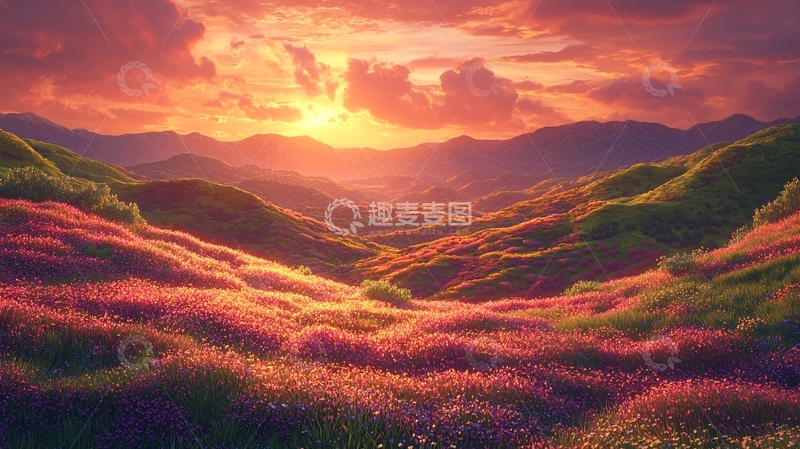 高清大图下载【趣麦麦图】日落山谷紫色花海