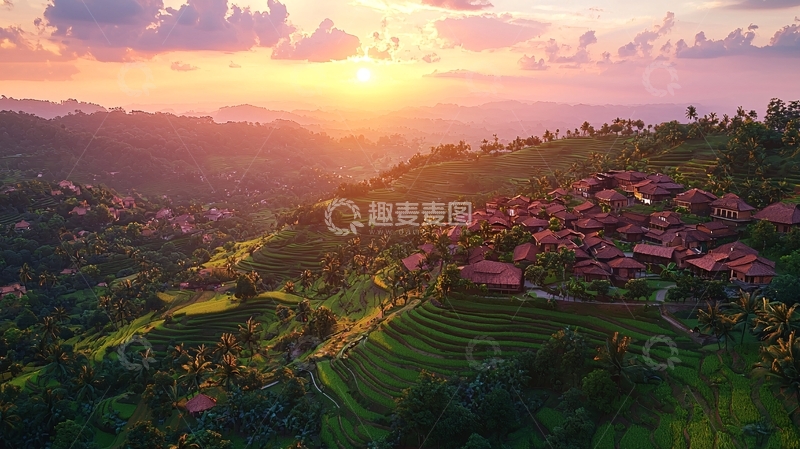 高清大图下载【趣麦麦图】日落梯田山村景色