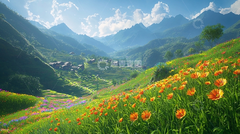 高清大图下载【趣麦麦图】阳光下的阿尔卑斯山花海