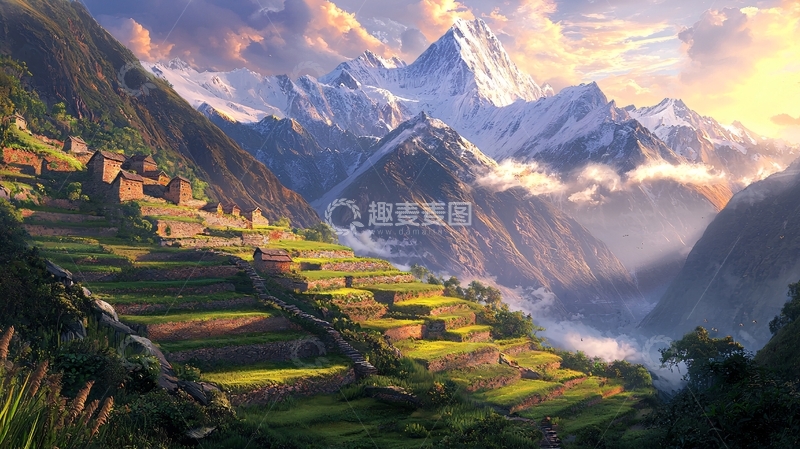 高清大图下载【趣麦麦图】雪山日出梯田村庄